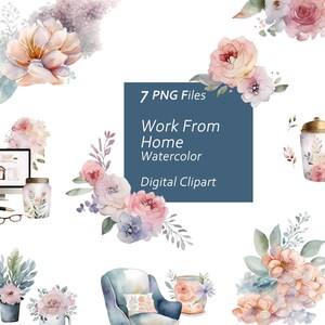 WFH Floral Watercolor Clipart Set - Working from Home Watercolor Clipart - Instant Download PNG, Commercial Use, Printable Design Element