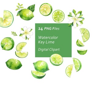 May include: Watercolor illustrations of key limes, including whole limes, lime slices, and lime wedges. The illustrations are in shades of green and yellow, with a white flower and green leaves. The text "14 PNG Files Watercolor Key Lime Digital Clipart" is in a green box.