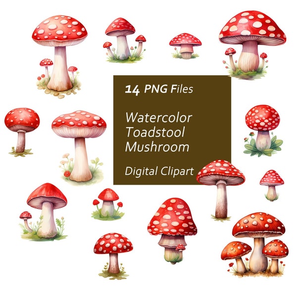 Watercolor Toadstool Mushroom Set - Toadstool Graphics - Whimsical Mushroom - Instant Download PNG, Commercial Use, Printable Design Element