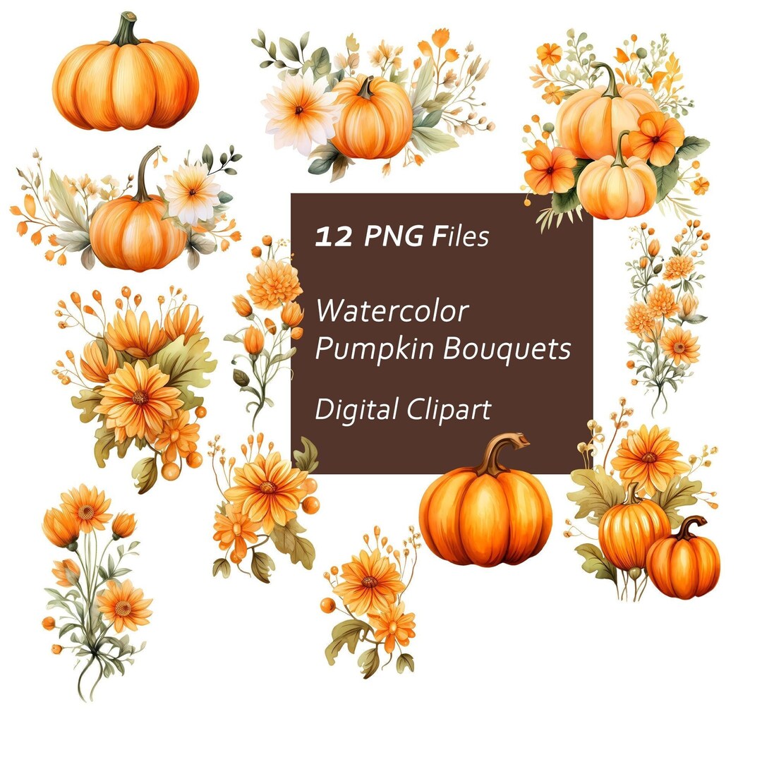 Watercolor Pumpkin Bouquet Clipart Set – Autumn Graphics (PNG, Digital ...