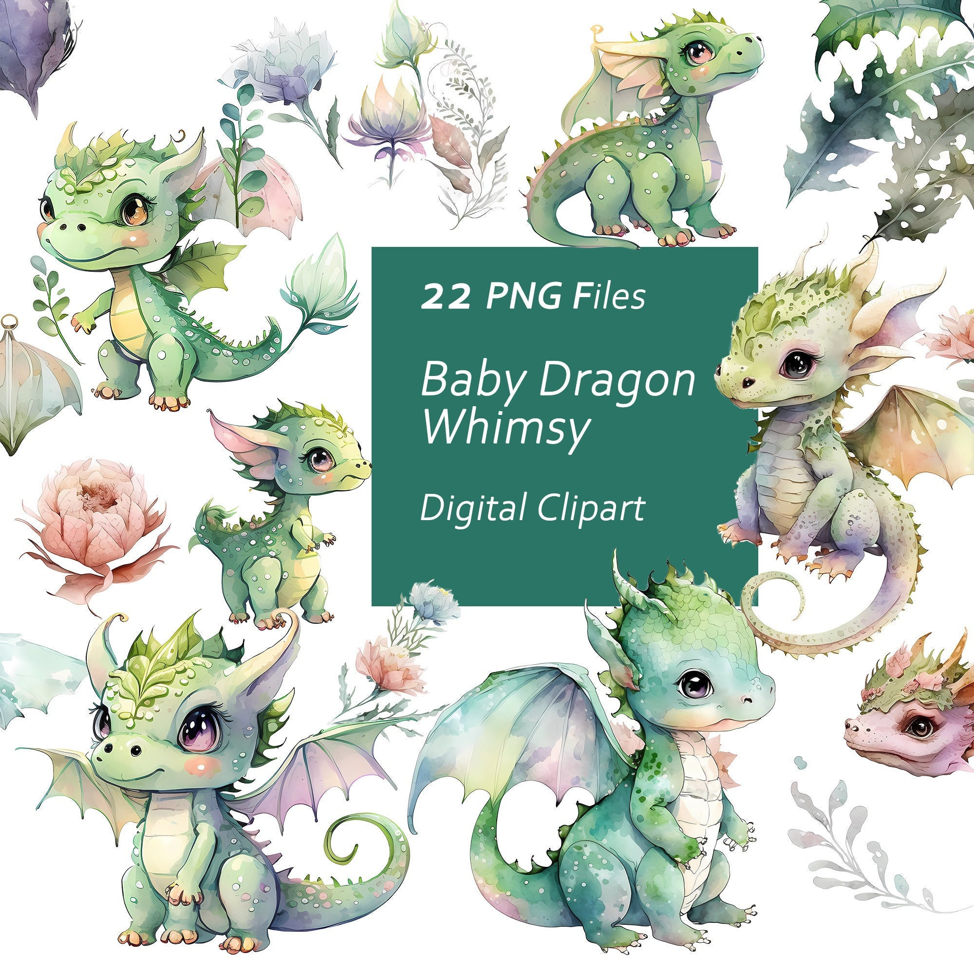 Kawaii Baby Dragon Clipart Set – Whimsical PNG Graphics (commercial Use ...