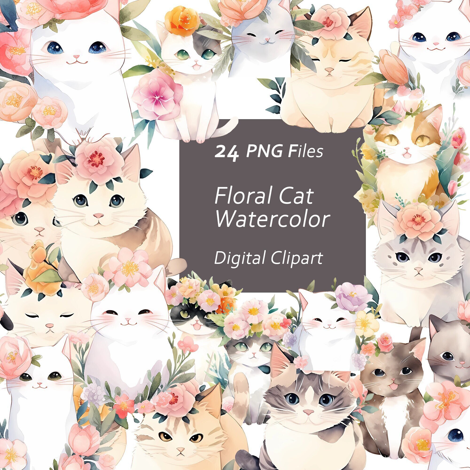 Floral Cat Watercolor Clipart Set - Whimsical Cat Art -colorful Floral ...