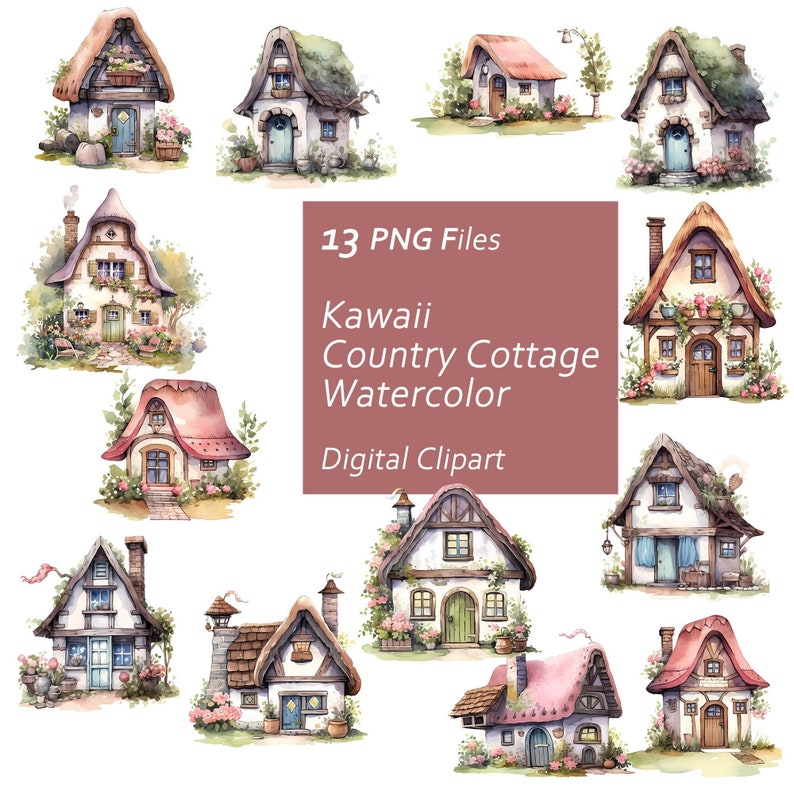 Kawaii Cottage Clipart – Watercolor Country Houses (PNG, Commercial Use ...