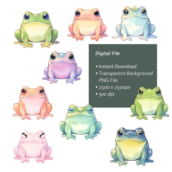 かわいいカエルのクリップアートセット – 水彩画風動物イラスト（PNG