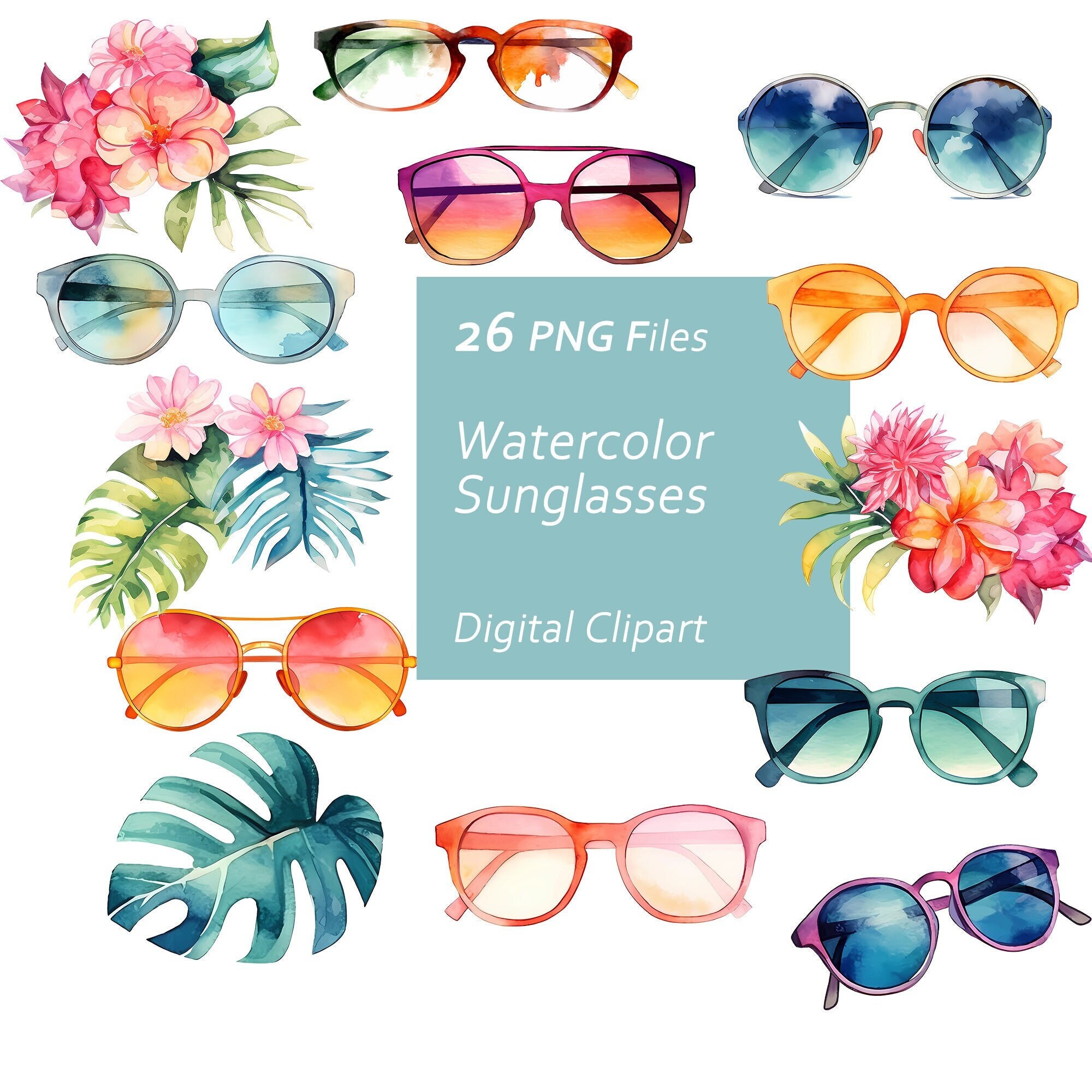 Watercolor Sunglasses Clipart Set - Summer Vibes - Colorful Sunglasses - Instant Download PNG, Commercial Use, Printable Design Element