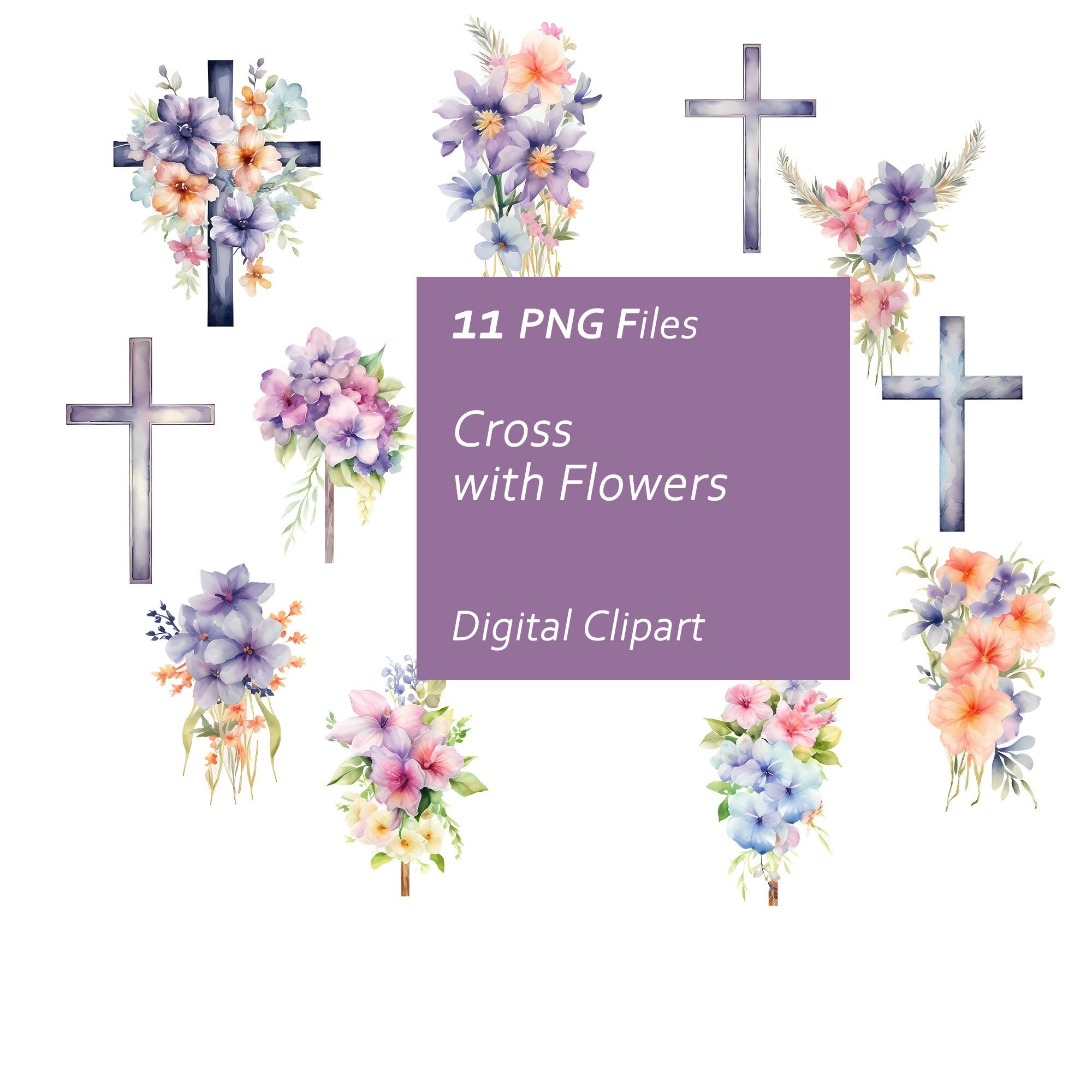 Cross With Flowers Clipart Set - Floral Cross - Watercolor Flowers ...