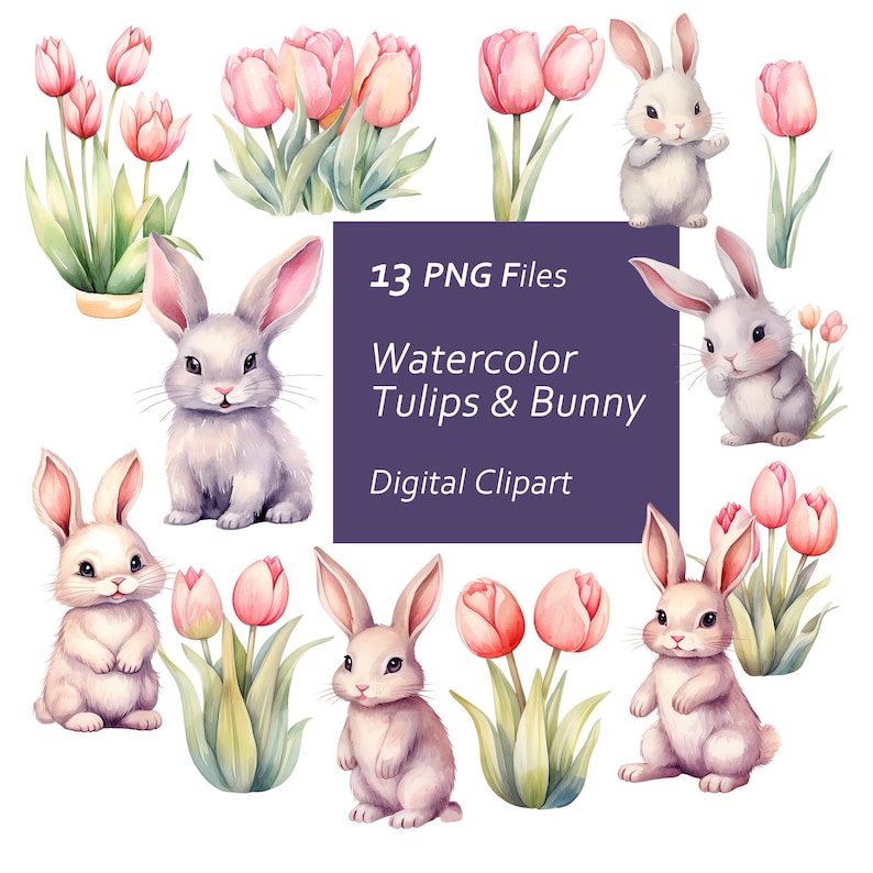 Watercolor Bunny & Tulip Clipart Set – Printable PNG (digital Download ...