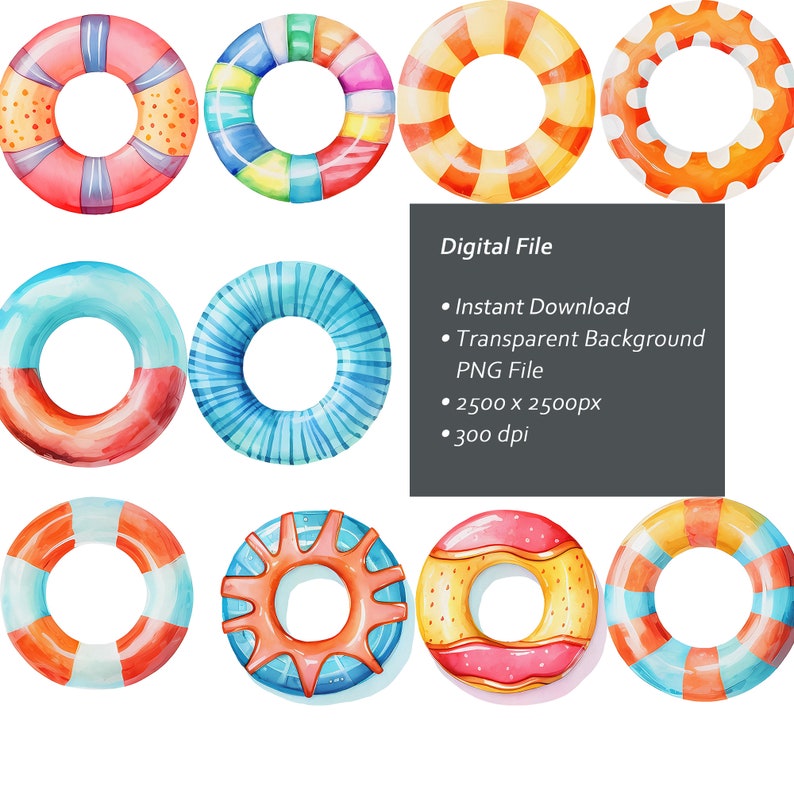 Watercolor Swim Ring Clipart โ Summer Pool PNG Graphics (digital ...