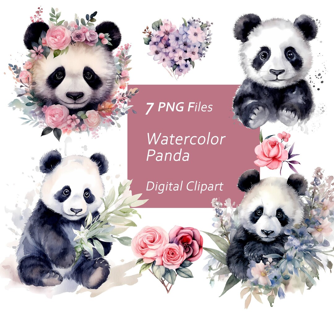 Watercolor Panda Clipart Set Cute Pandas Floral Pandas Etsy