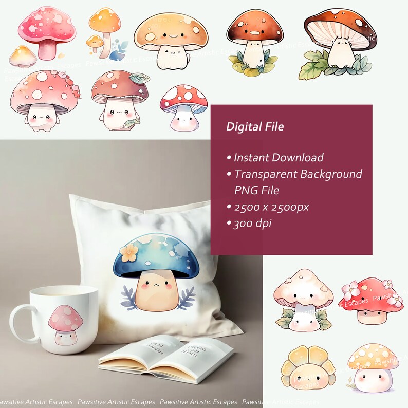 Cute Mushroom Watercolor Clipart Set Kawaii Mushroom Etsy