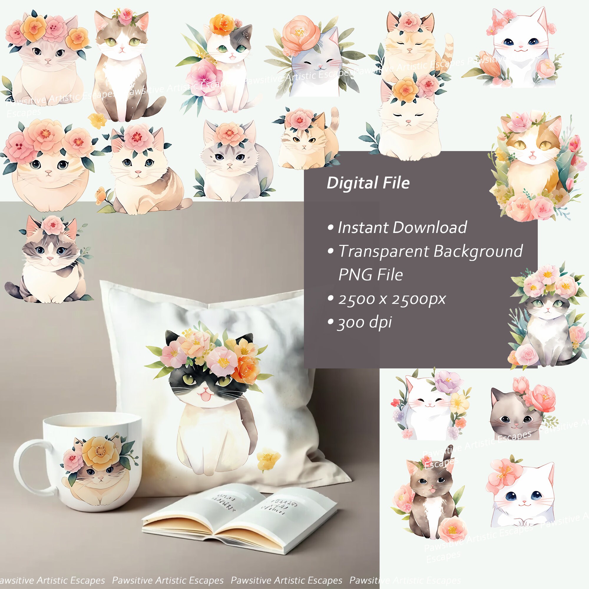 Floral Cat Watercolor Clipart Set - Whimsical Cat Art -colorful Floral ...