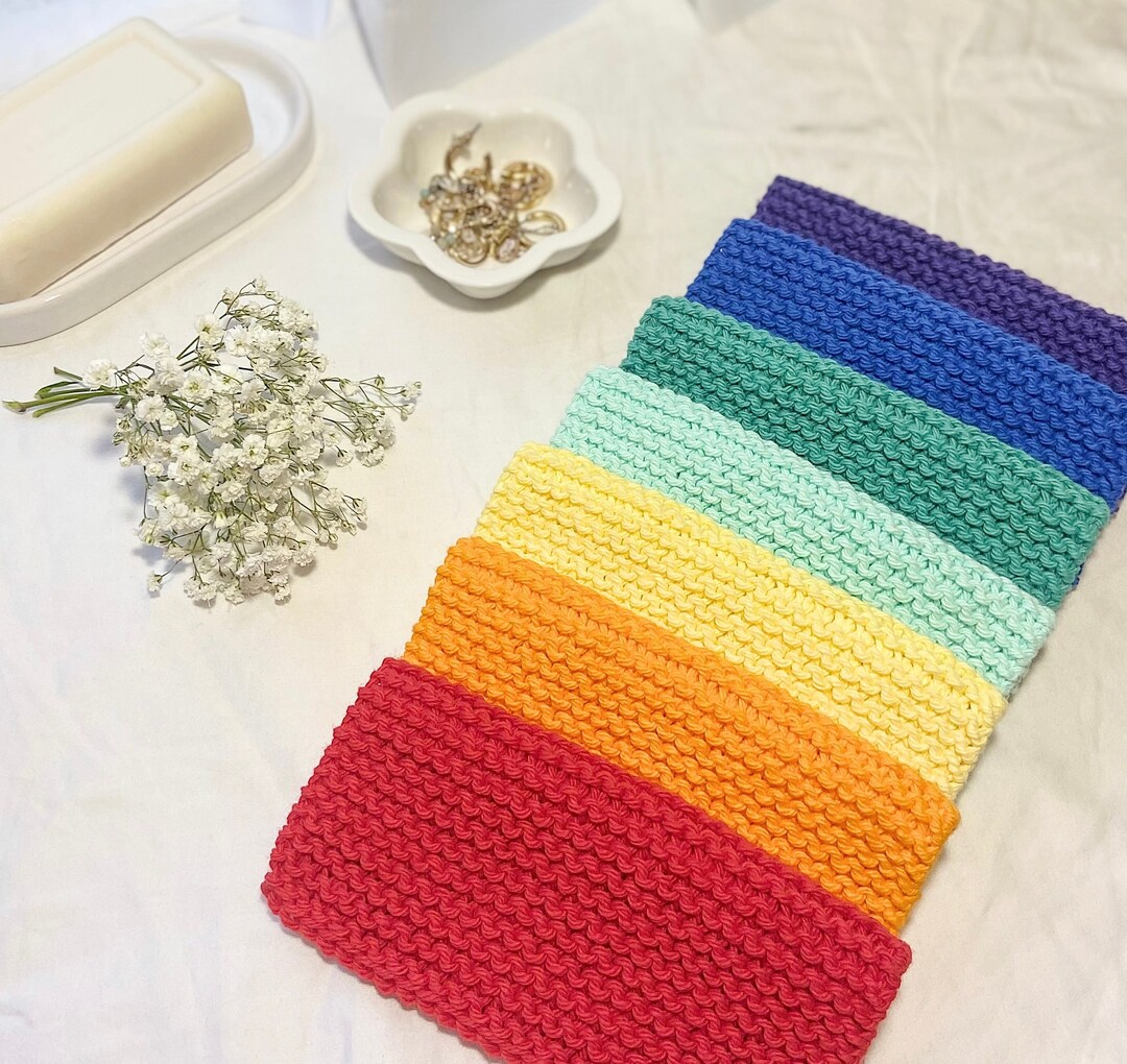 Set of 7 Rainbow Washcloths Handmade 100 Cotton, Cloth, Knitting, Handmade Cloth, Knit