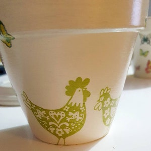 Pflanztopf Hühner, Handbemalter und entkuppelter Tontopf, Decoupage, Fensterbanktopf, Bemalter Tontopf, Hühner, Geschenke für Gärtner, Garten