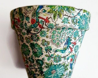Decoupaged Clay Pot: Floral Peacock Design, Handcrafted Planter