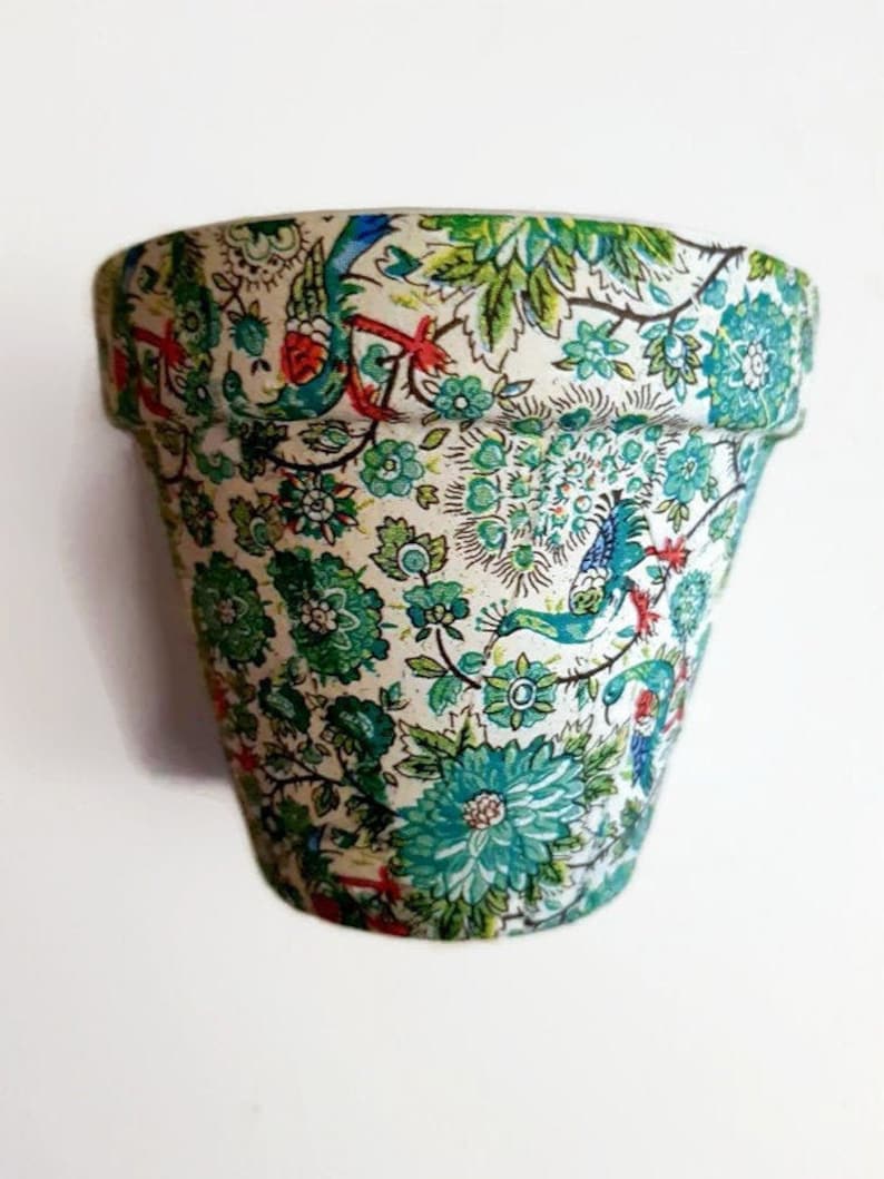 Decoupaged Clay Pot Decoupaged Planter Peacock Plant Pot Etsy