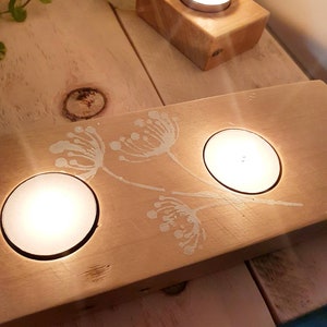 Rustic Reclaimed Wood Tealight Holder: Handcrafted Stenciled Candle Holder