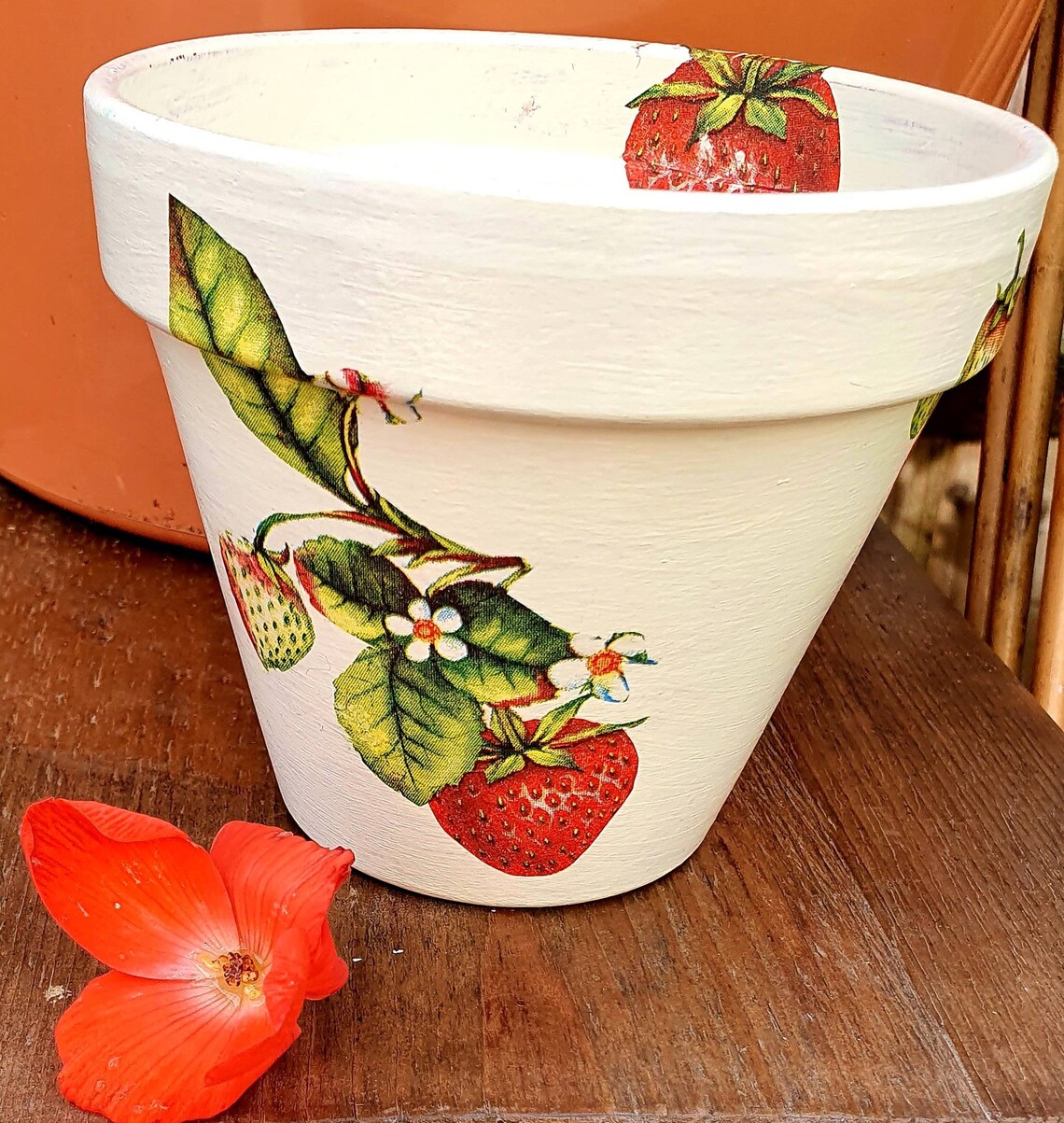 Decoupaged Clay Pot Decoupaged Strawberry Pot Garden Pot Etsy