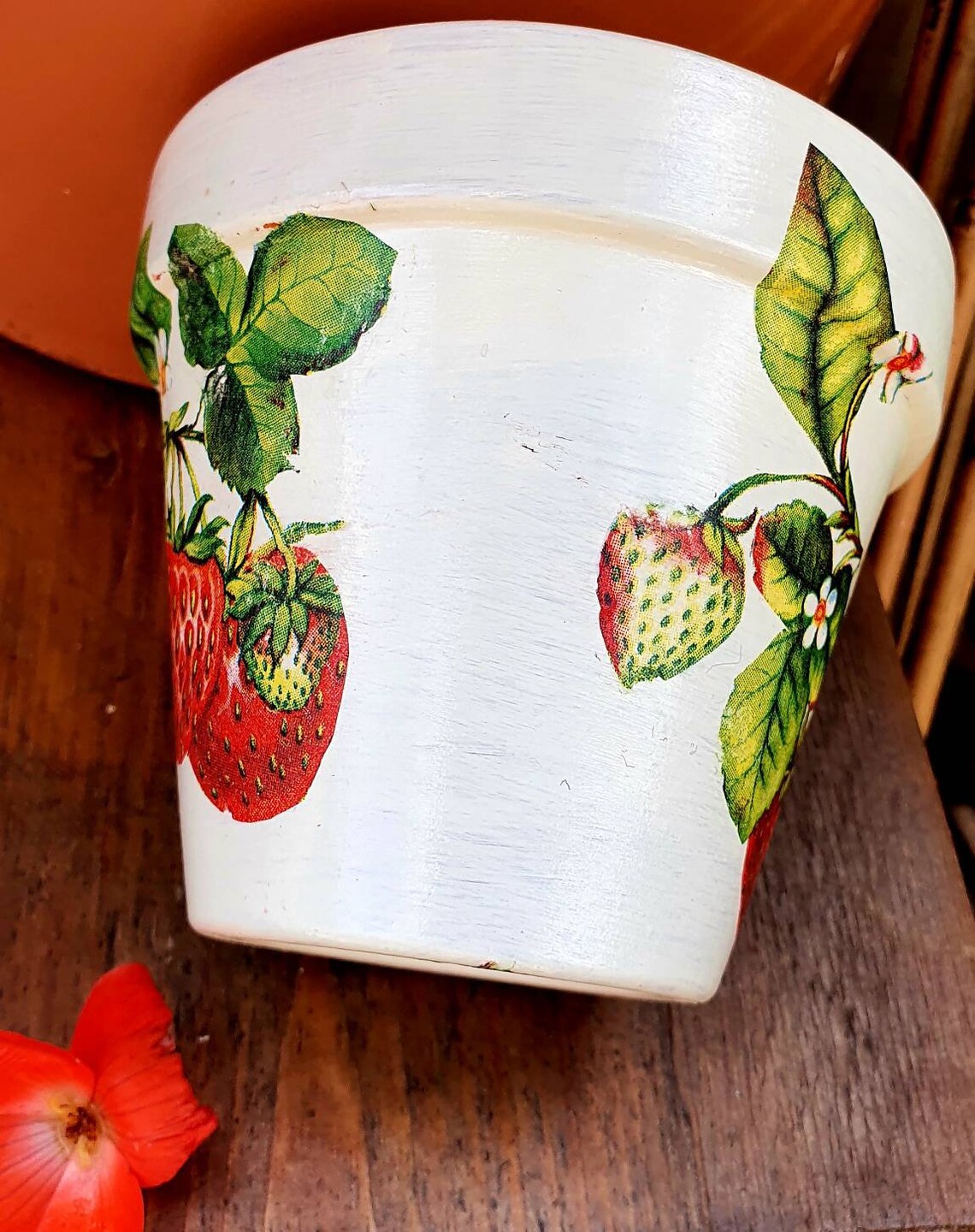 Decoupaged Clay Pot Decoupaged Strawberry Pot Garden Pot Etsy