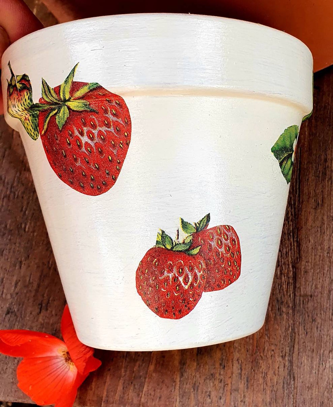 Decoupaged Clay Pot Decoupaged Strawberry Pot Garden Pot Etsy