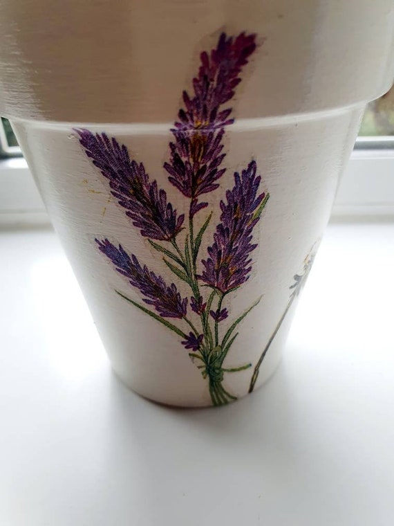 Hand-painted Lavender Clay Plant Pot: Decoupage Planter, Gardener