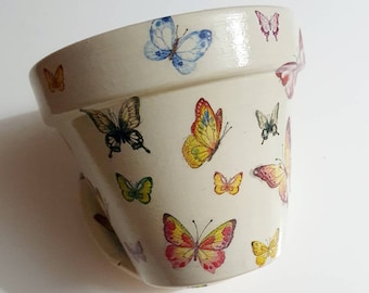 Decoupaged Butterfly Plant Pot: Hand-Painted Clay Indoor Planter (11cm)