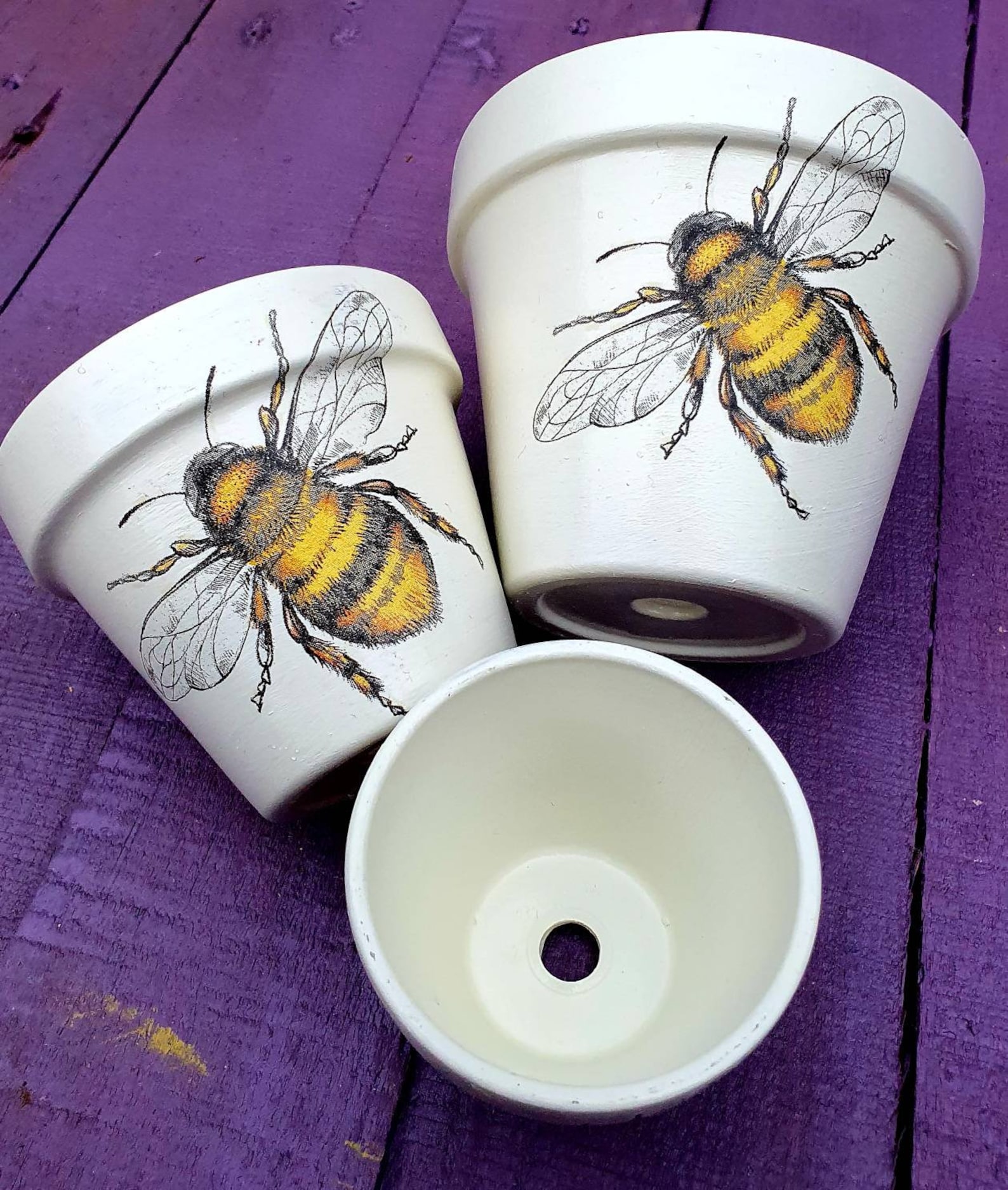 Bees Set of Decorated Plant Pots Bee Plant Pots White Etsy
