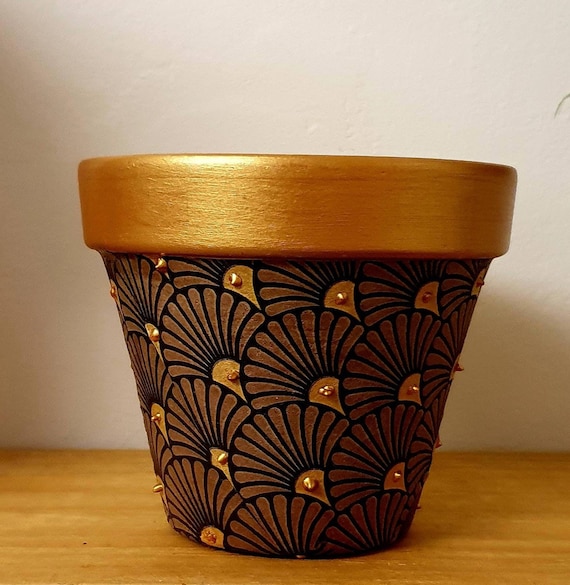 Art Deco Decoupaged Clay Plant Pot - Gold Accent - Etsy