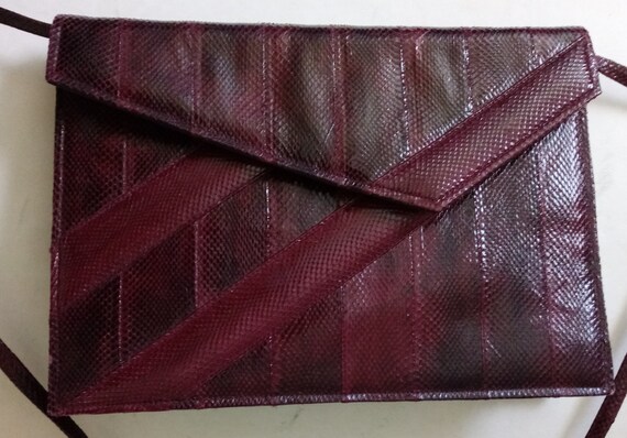 Never Used 70s Bordeaux Python Skin Shoulder Clut… - image 1