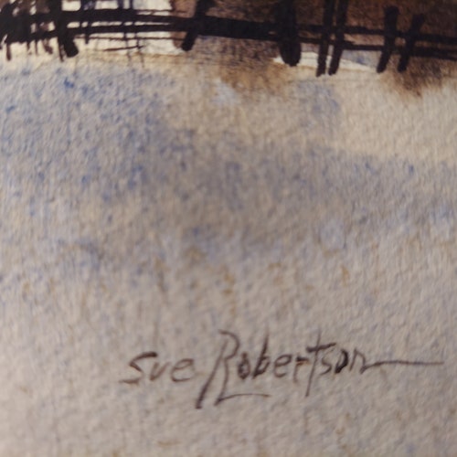 ORIGINAL by Listed Sue Robertson shops Gouache painting, Matted, Framed, Under Glass