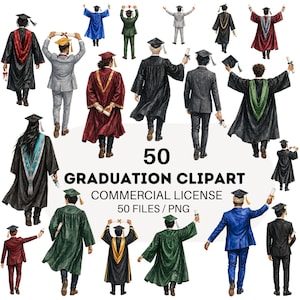 May include: Watercolor clipart featuring 50 graduation illustrations. The images show graduates in various colored gowns and mortarboards, some holding diplomas. Text reads "50 GRADUATION CLIPART COMMERCIAL LICENSE 50 FILES / PNG".
