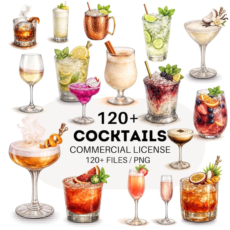 Más de 120 imágenes prediseñadas de cócteles en acuarela: cócteles sin alcohol, champán, vino y cerveza. imagen 1