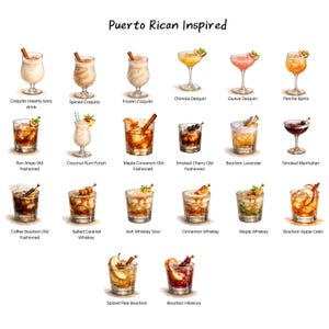 Puede incluir: Ilustraci&oacute;n de 20 c&oacute;cteles, incluyendo Coquito, Daiquiris y Old Fashioneds. Las bebidas est&aacute;n en varios vasos, adornadas con frutas y especias. El texto "Puerto Rican Inspired" est&aacute; en la parte superior.
