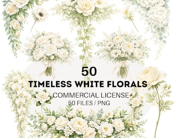 Paquete de imágenes prediseñadas de rosas blancas y eucalipto: Gráficos florales para bodas (Descarga digital)