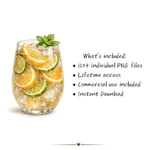 Puede incluir: Ilustraci&oacute;n en acuarela de una bebida refrescante en un vaso transparente. La bebida contiene hielo, rodajas de naranja y lima, y est&aacute; adornada con menta. El texto dice "What's included: 120+ Individual PNG files, Lifetime access, Commercial use included, Instant Download."