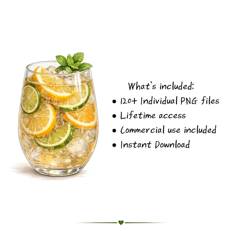 Puede incluir: Ilustraci&oacute;n en acuarela de una bebida refrescante en un vaso transparente. La bebida contiene hielo, rodajas de naranja y lima, y est&aacute; adornada con menta. El texto dice "What's included: 120+ Individual PNG files, Lifetime access, Commercial use included, Instant Download."