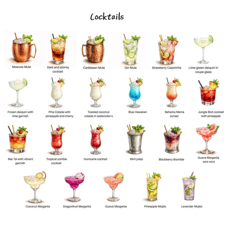 Puede incluir: Ilustraci&oacute;n en acuarela de varios c&oacute;cteles, incluyendo Moscow Mule, Pina Colada y Margarita. Cada bebida est&aacute; adornada con frutas y hierbas, sobre un fondo blanco. La palabra "Cocktails" est&aacute; escrita en la parte superior.