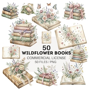 May include: A collection of watercolour illustrations featuring vintage books decorated with flowers and butterflies. The image shows stacks of books, open books, and individual books, all decorated with flowers and ribbons. The text reads "50 WILDFLOWER BOOKS COMMERCIAL LICENSE 50 FILES / PNG."