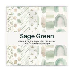 May include: A collection of digital papers with various watercolor patterns in sage green, beige, and white. The papers feature designs like leaves, stripes, and abstract shapes. The text "Sage Green" and product details are displayed on the image.