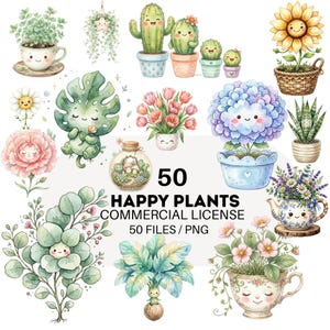 May include: A collection of watercolour illustrations of smiling plants, including cacti, flowers, and leafy greens. The image features potted plants, a sunflower in a basket, and a teacup with flowers. Text reads "50 HAPPY PLANTS COMMERCIAL LICENSE 50 FILES / PNG."