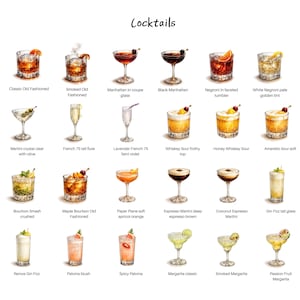 Puede incluir: Ilustraci&oacute;n de c&oacute;cteles variados, incluyendo cl&aacute;sicos como Old Fashioned y Manhattan, y creaciones modernas como Margarita y Espresso Martini. El texto "Cocktails" se muestra en la parte superior.