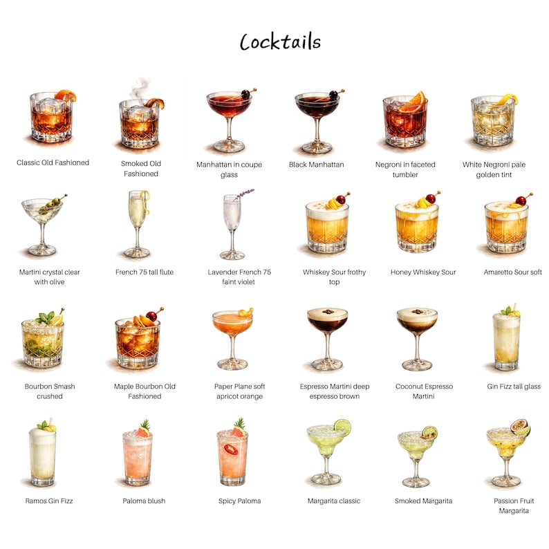 Puede incluir: Ilustraci&oacute;n de c&oacute;cteles variados, incluyendo cl&aacute;sicos como Old Fashioned y Manhattan, y creaciones modernas como Margarita y Espresso Martini. El texto "Cocktails" se muestra en la parte superior.