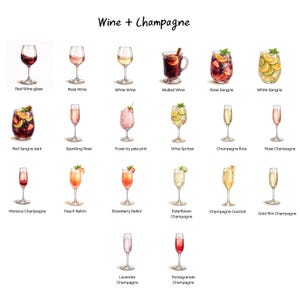 Puede incluir: Ilustraci&oacute;n de varios c&oacute;cteles de vino y champ&aacute;n. La imagen presenta una variedad de bebidas, incluyendo vino tinto, rosado, blanco, vino caliente, sangr&iacute;a y champ&aacute;n. Cada bebida est&aacute; en un vaso diferente, con guarniciones.