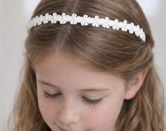 Communiehoofdband – Communiehaaraccessoire – Communiehoofdsieraad – handgemaakt met bloemenkant en parels – ivoor, wit of crème