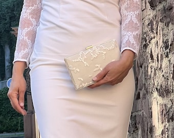Bridal bag, clutch in ivory with golden frames
