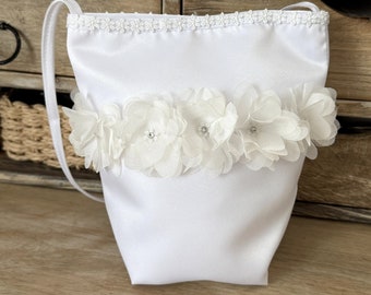 Communion bag, satin communion bag with flowers and rhinestones