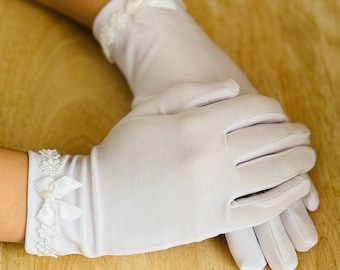 Gants de communion ou de mariée en coton, dentelle florale et nœud, gants de communion