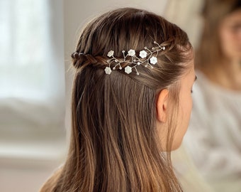Communion hair accessories, hair tendrils, with white mother-of-pearl flowers and Swarovski stones