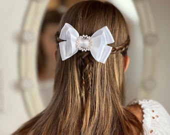 Communion hair accessories, satin communion hair bow, first communion hair accessories, communion hair accessories, white