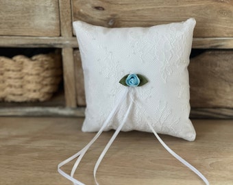 Ring Pillow white wit something blue Flower, Lace wedding pillow, Wedding Ring pillow