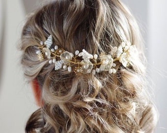 Hair vine, white or ivory beads, flower